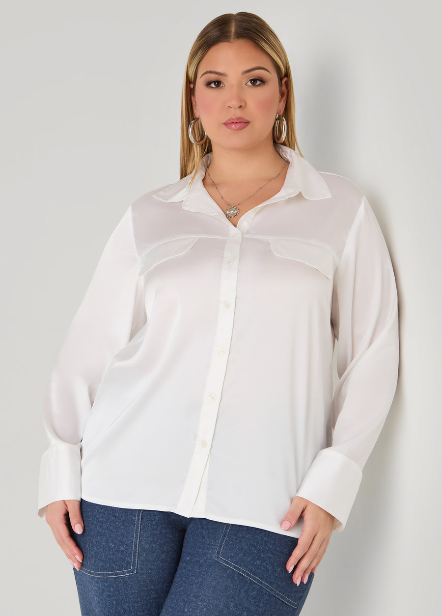 Plus Size Faux Pocket Satin Shirt