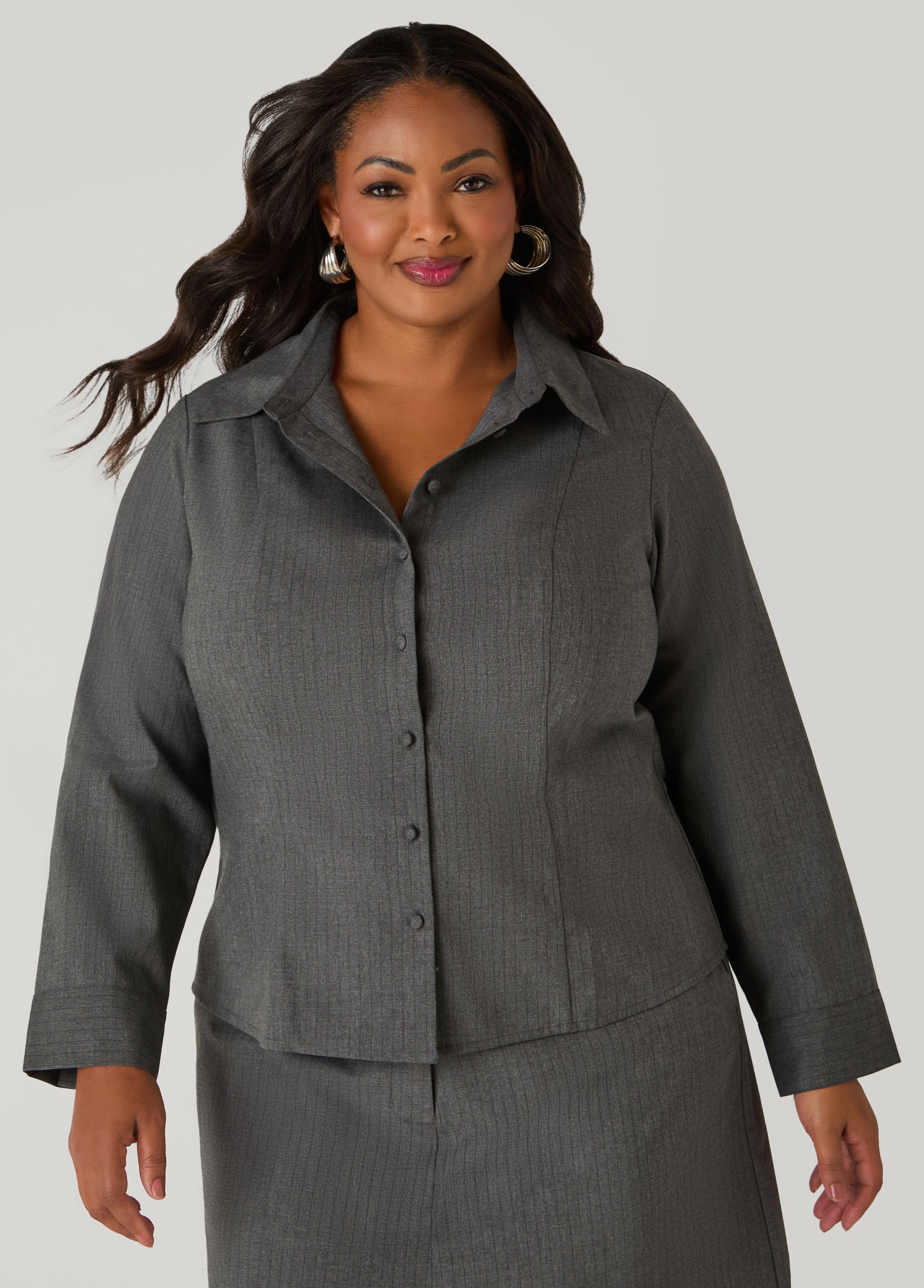 Plus Size Collared Pinstriped Shirt