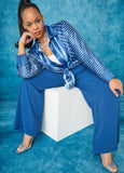 Plus Size blue striped satin shirt trendy plus size work top
