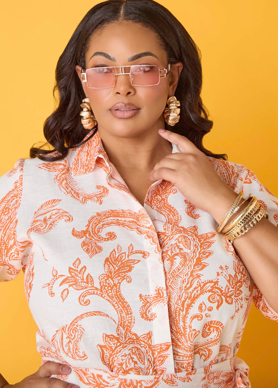 Plus Size Paisley Cotton Linen Shirt Two Piece Matching Set