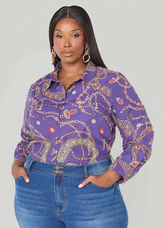 Plus Size Chain Print Cotton Blend Shirt