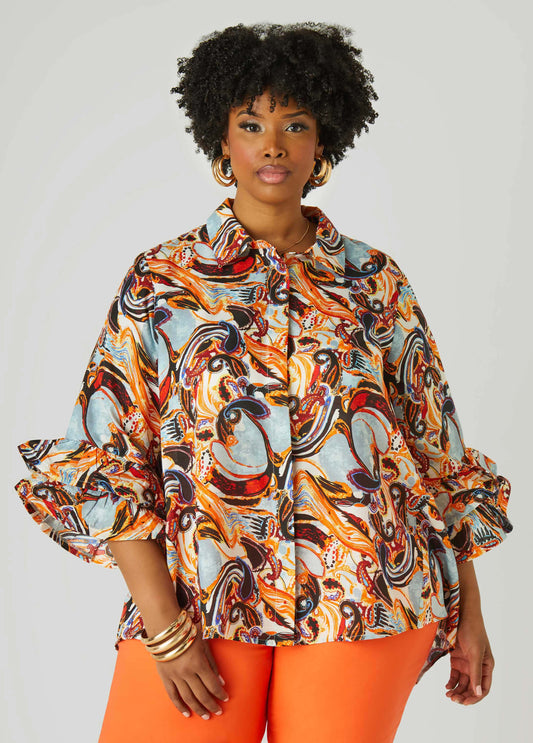 Plus Size Paisley Print Ruffle Sleeved Shirt