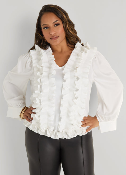 Plus Size Pleated Ruffle Satin Blouse