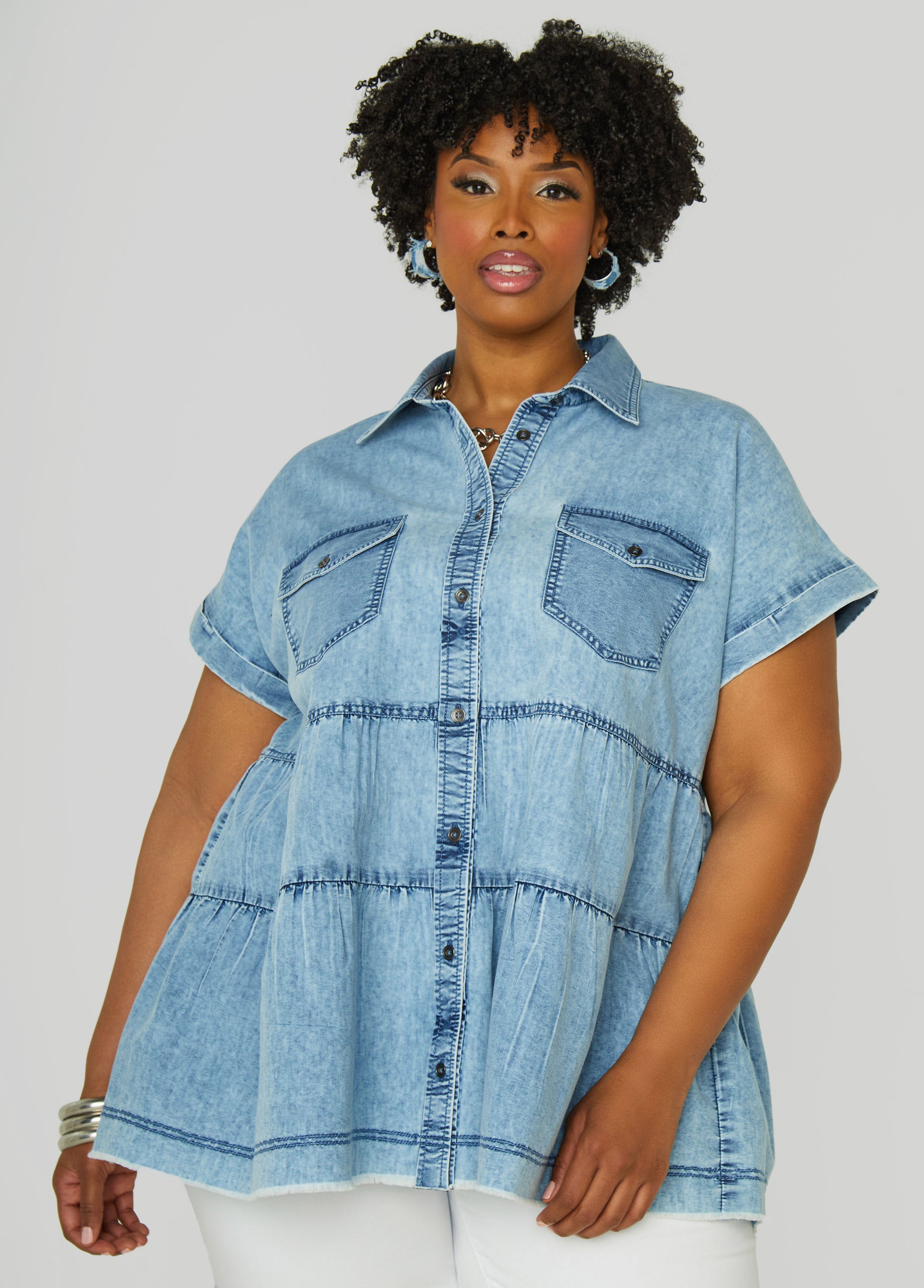Plus Size Stonewash Denim Swing Shirt