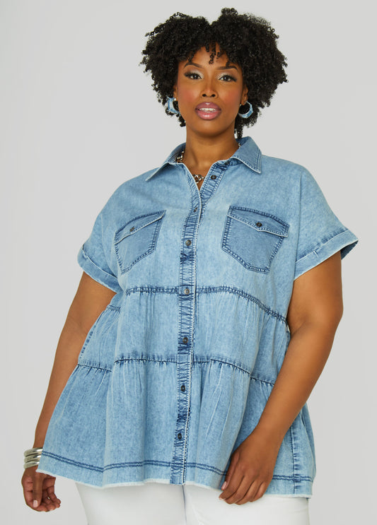 Plus Size Stonewash Denim Swing Shirt
