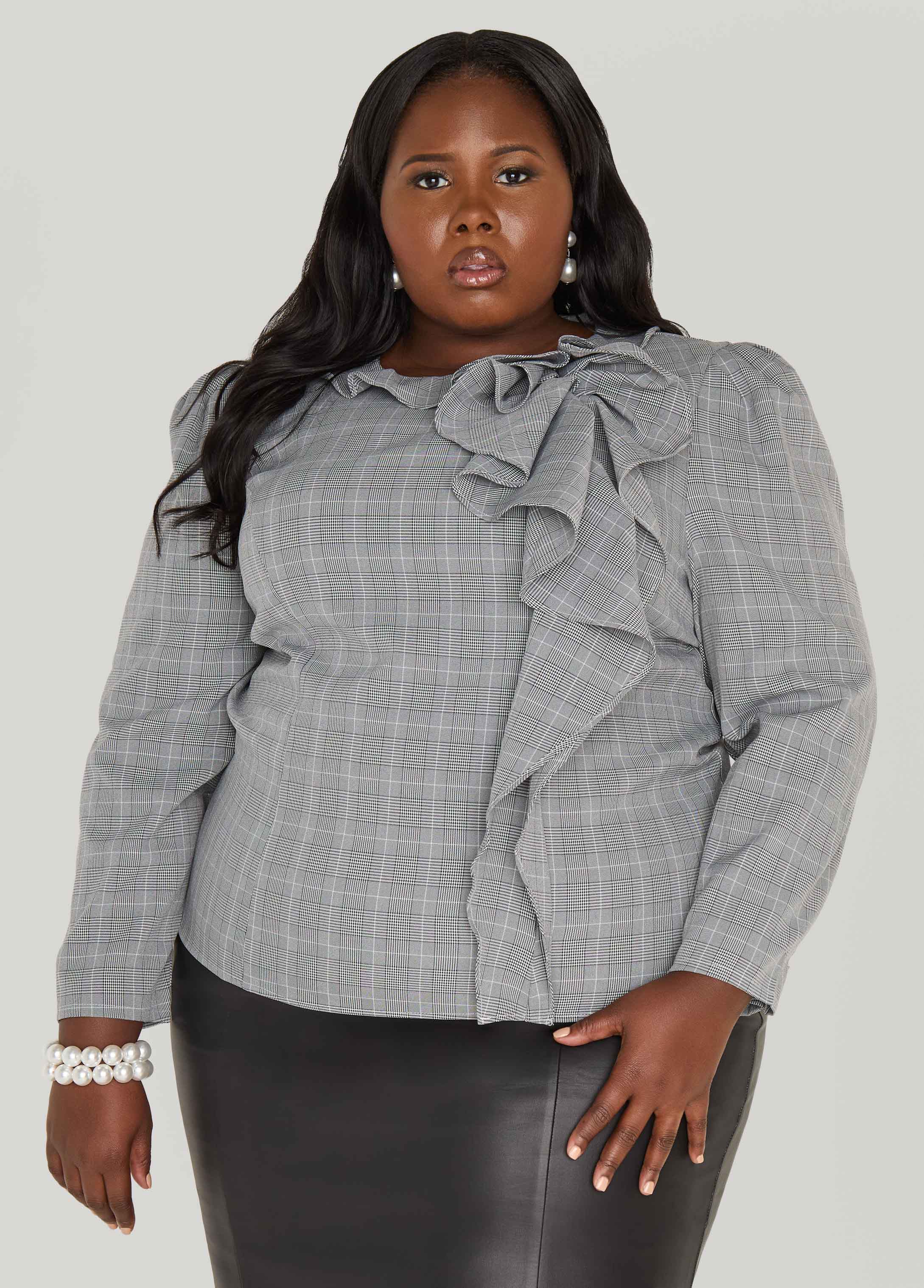 Plus Size Ruffled Plaid Blouse