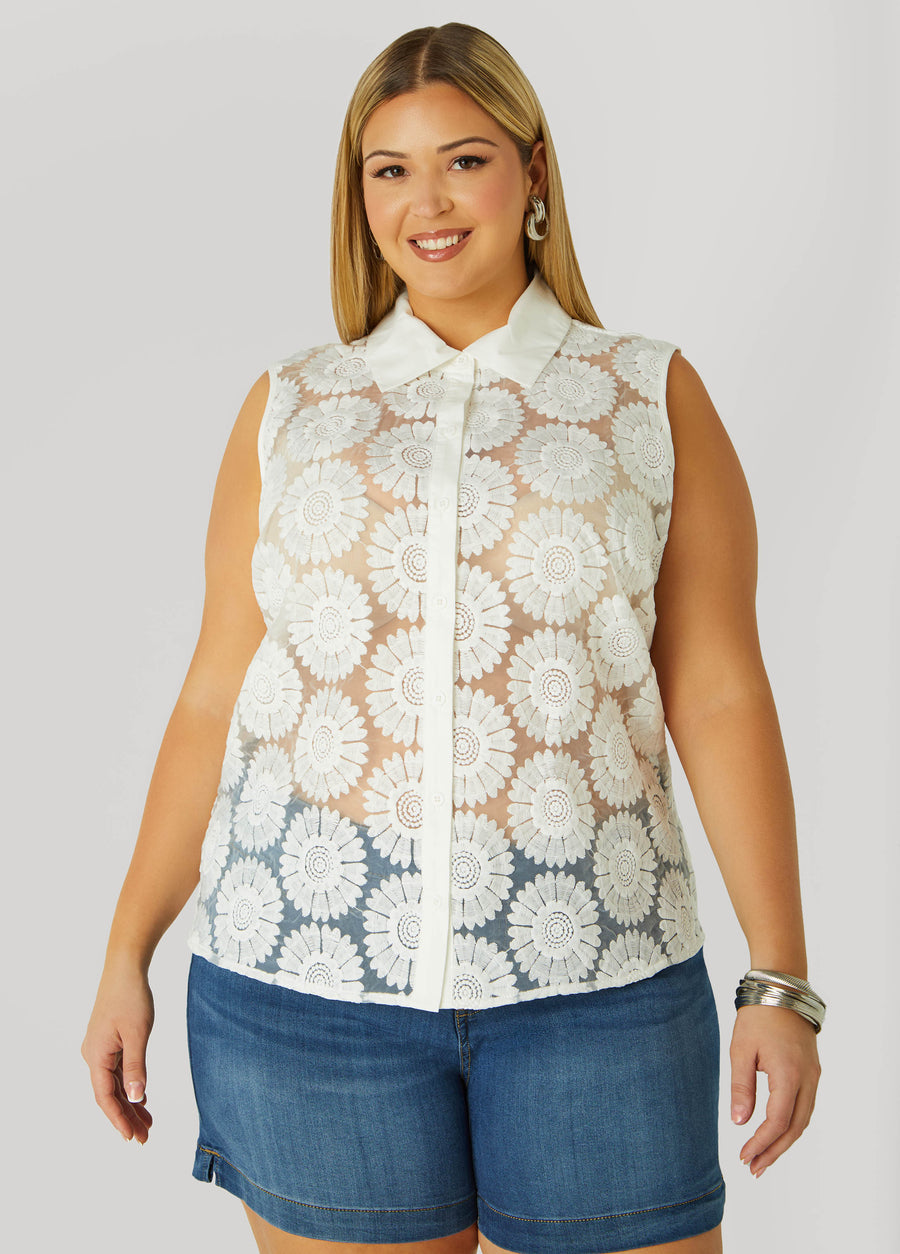 Plus Size Floral Embroidered Mesh Shirt