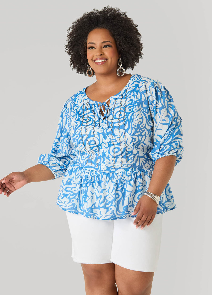 Beaded Leaf Print Peplum Blouse