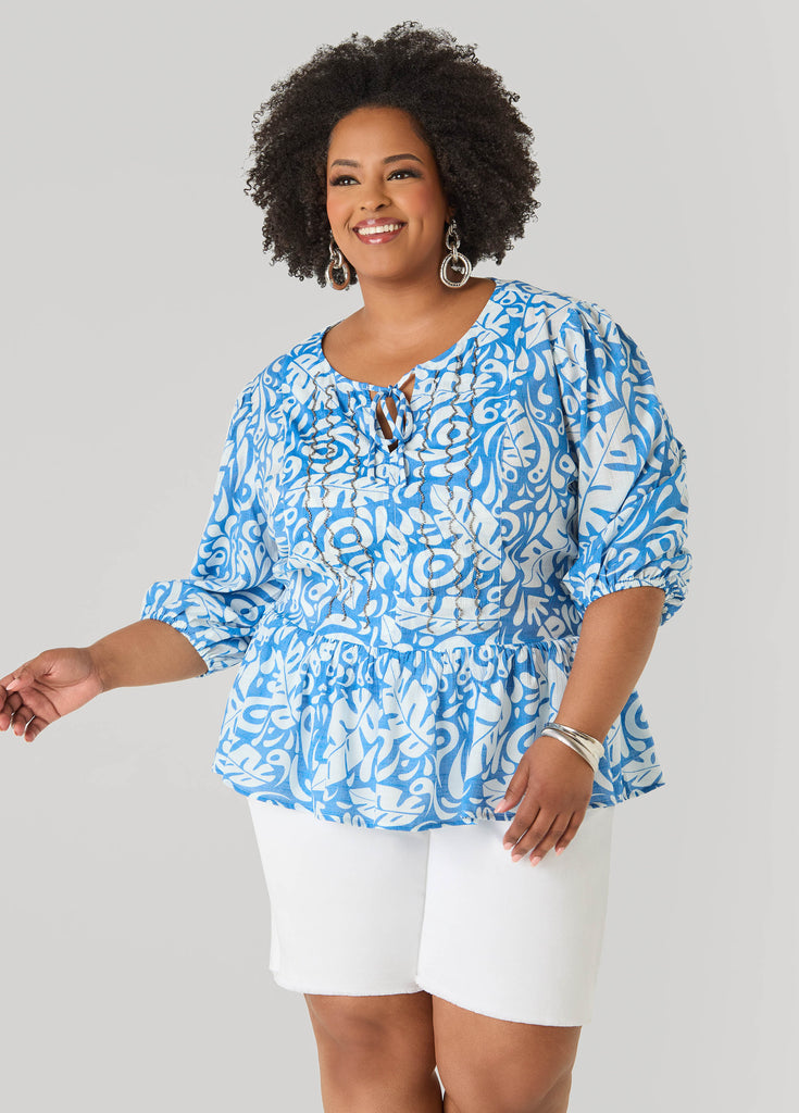 Beaded Leaf Print Peplum Blouse – Ashley Stewart