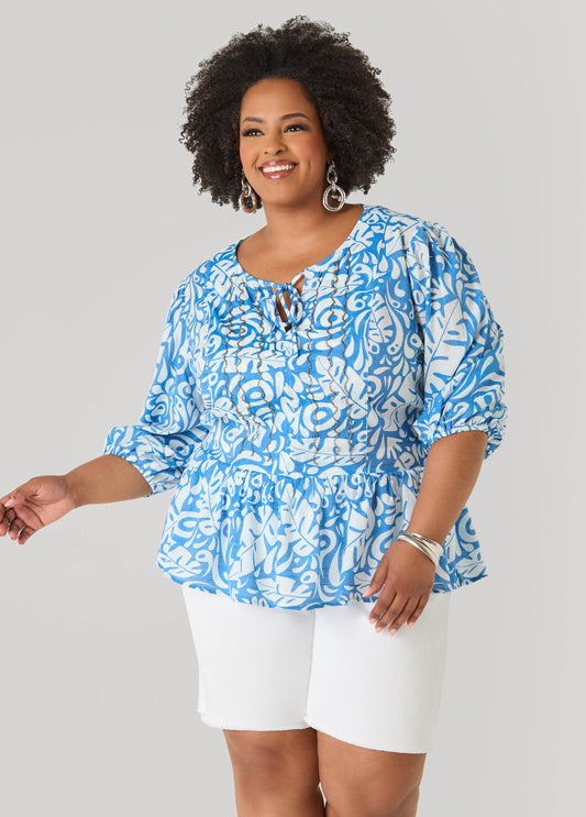 Beaded Leaf Print Peplum Blouse