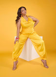 Plus Size Satin Yellow Halter Neck Sleeveless Party Matching Fashion Set