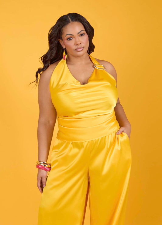 Plus Size Satin Yellow Halter Neck Sleeveless Party Matching Fashion Set