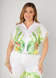 Plus Size Palm Print Satin Crop Top Two Piece Matching Summer Set