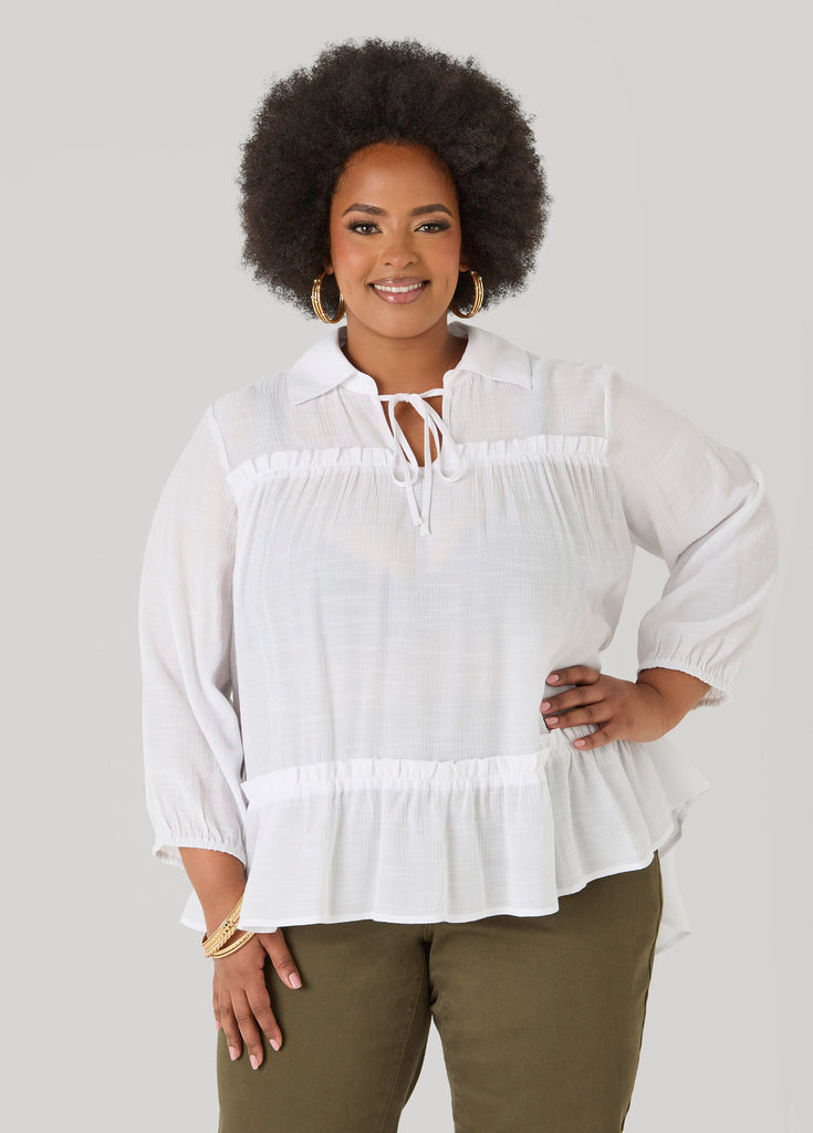 Ruffle Trimmed Gauze Blouse – Ashley Stewart