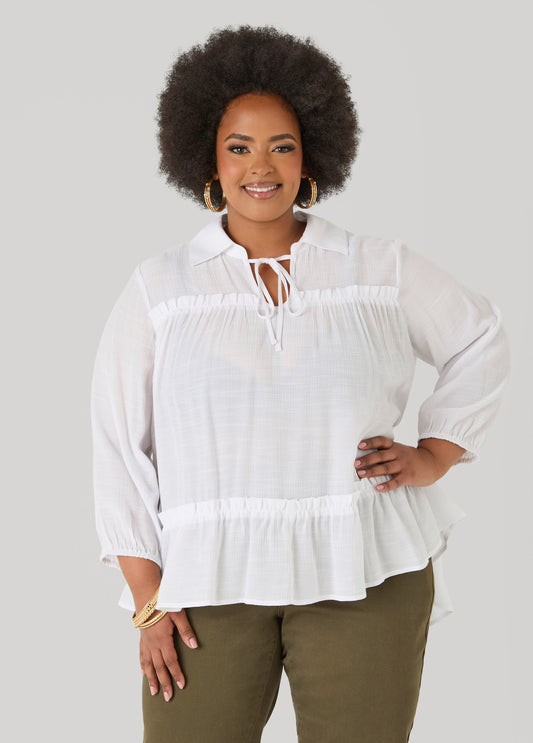 Plus Size Ruffle Gauze Blouse Long Sleeved Summer Top