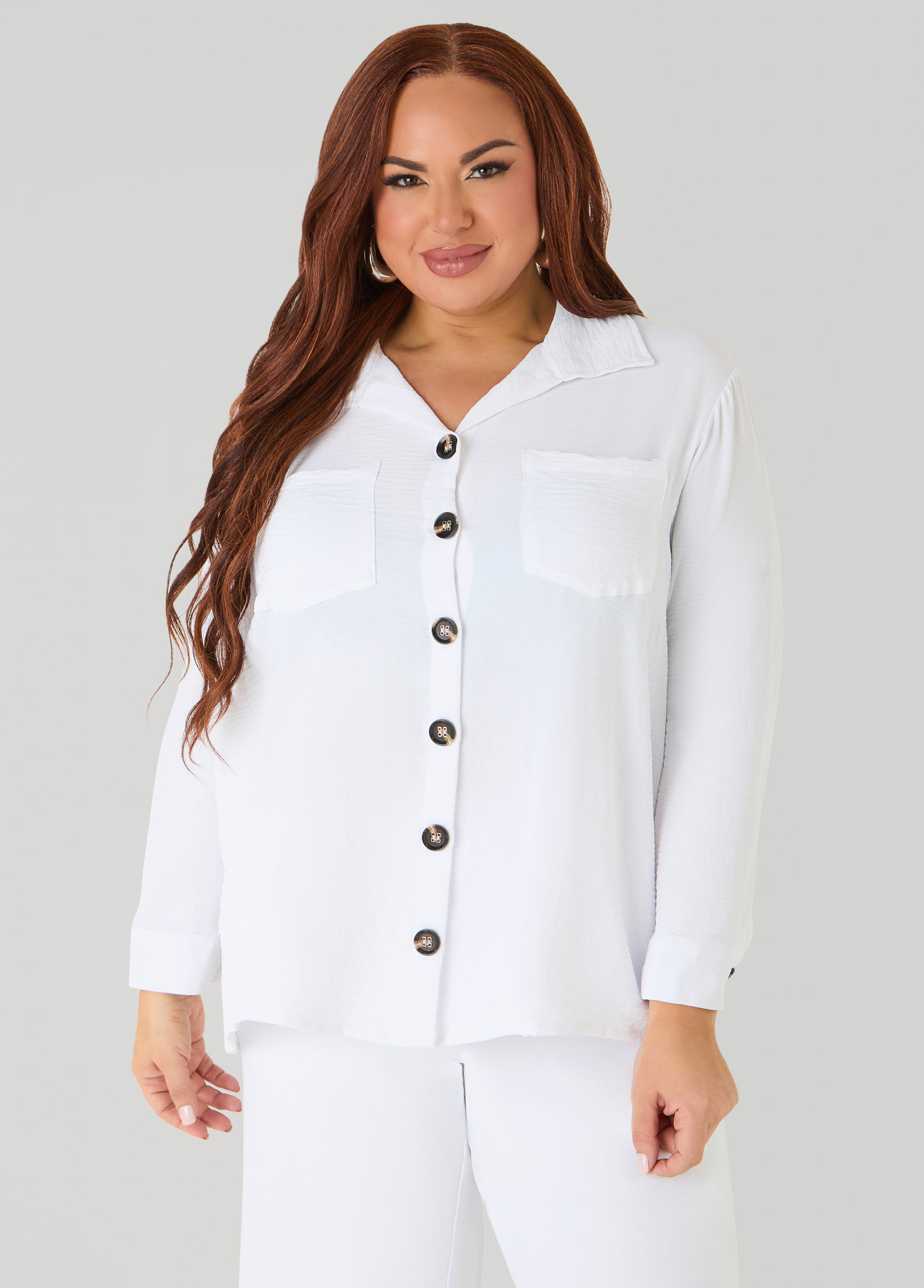Plus Size Collared Long Sleeved Classic Everyday Shirt