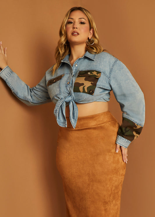 Plus Size Denim Shirt Plus Size Camo Top Plus Light Wash Jean Shirt