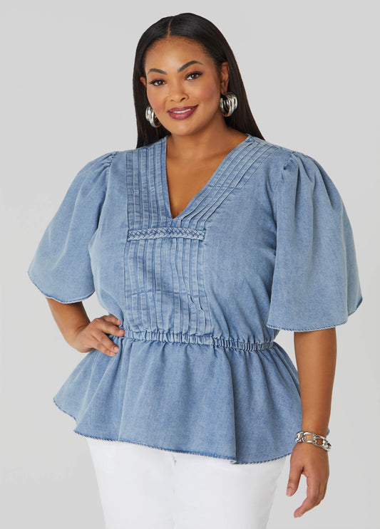 Plus Size Pleated Peplum Denim Top