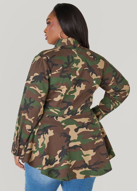 Sequined Camo Print Peplum Shirt