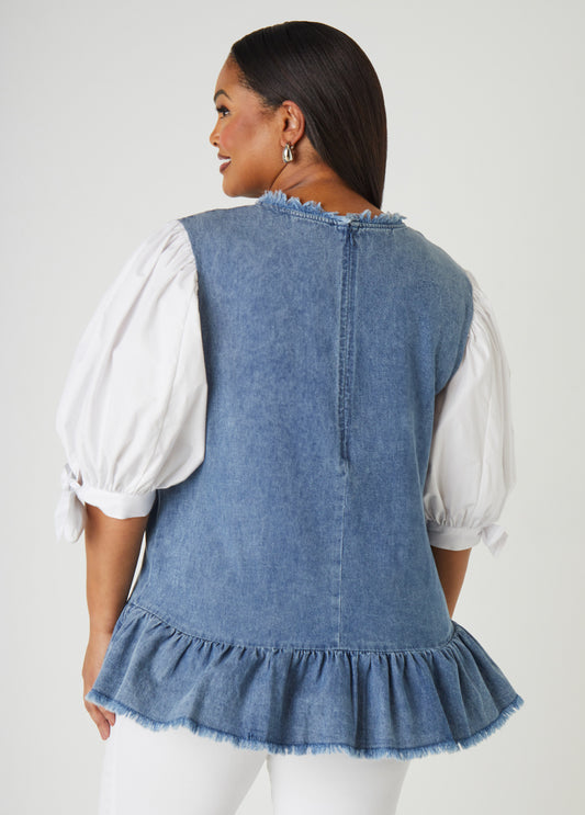 Faux Pearl Poplin And Denim Top