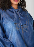 Fringed Tie Neck Denim Blouse