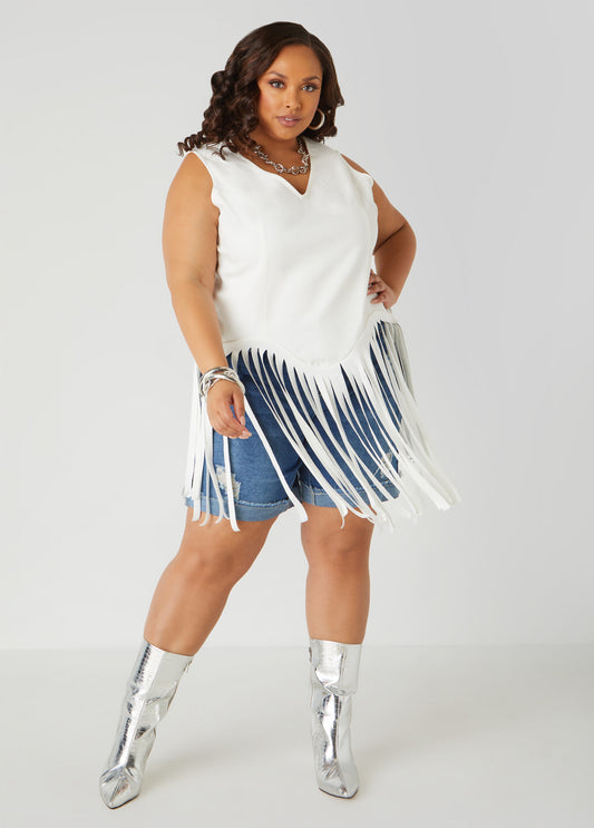 Plus Size Fringed Denim Top