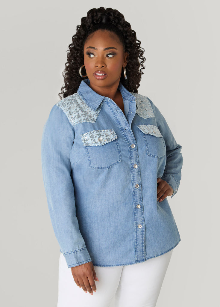 Sequined Patchwork Denim Shirt – Ashley Stewart Sequined Patchwork Denim Shirt – Ashley Stewart