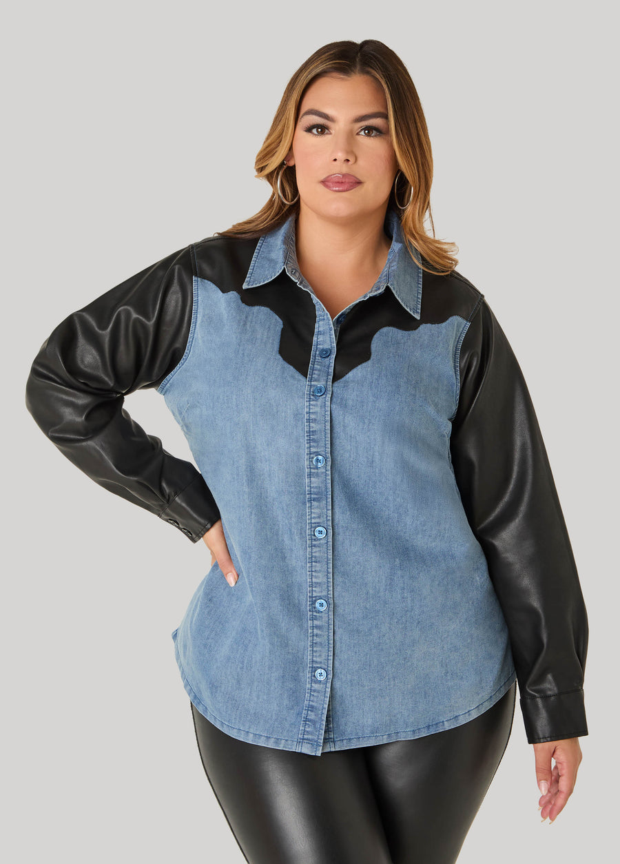 Faux Leather And Denim Shirt