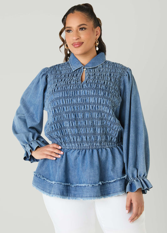 Smocked Denim Peplum Top