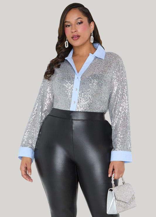 Sequined Paneled Striped Shirt