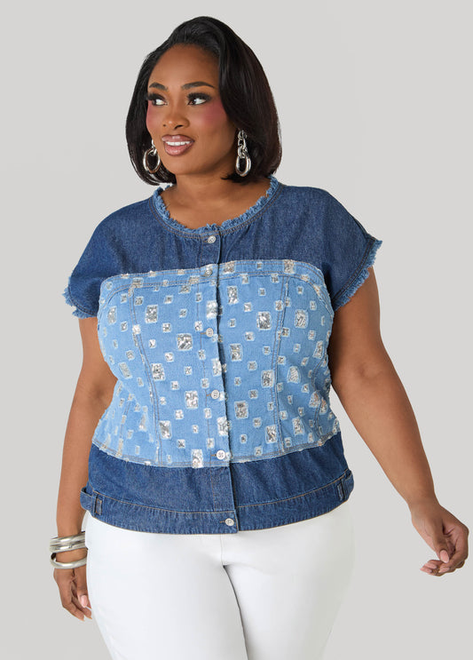 Distressed Embellished Denim Shirt