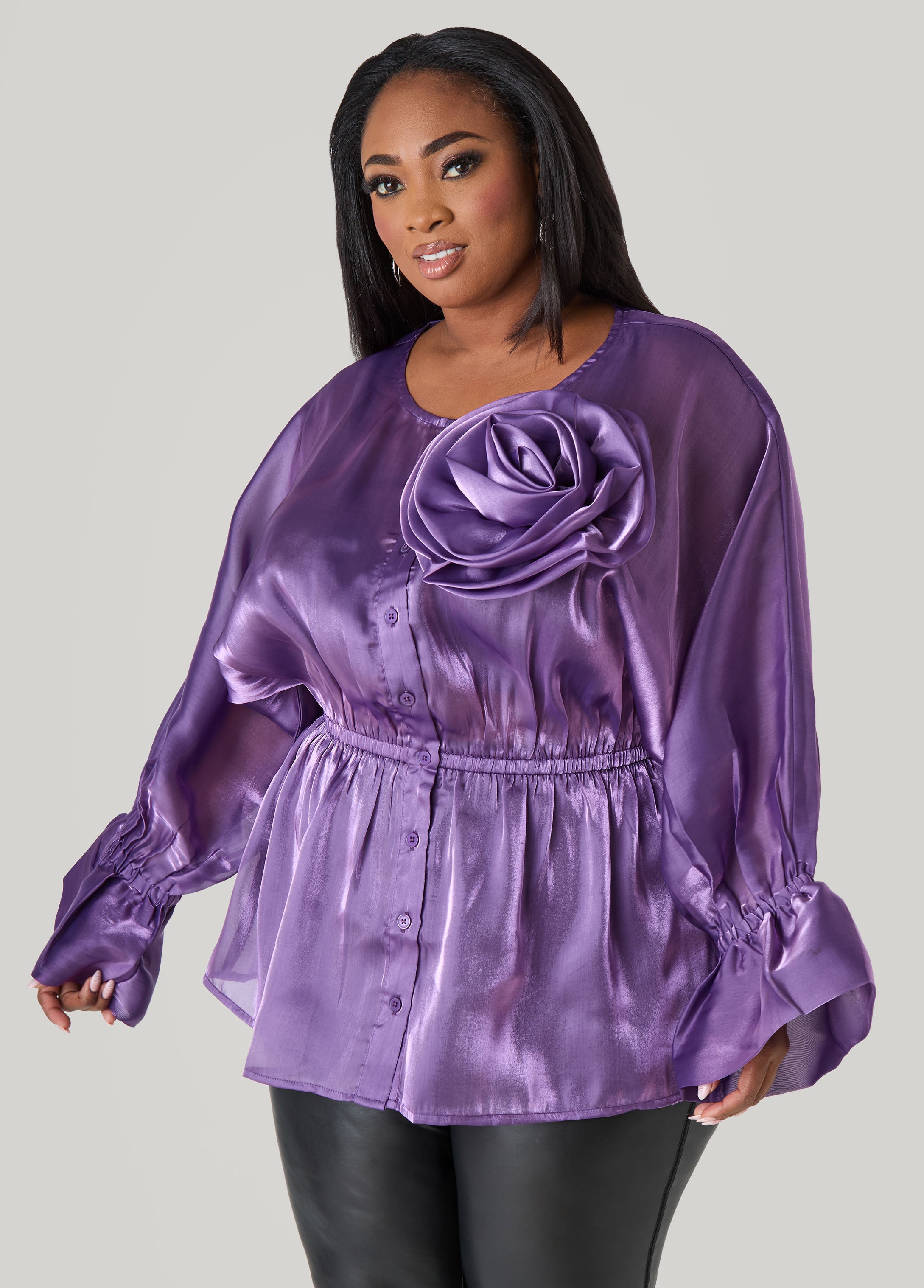 Plus Size Rosette Organza Blouse