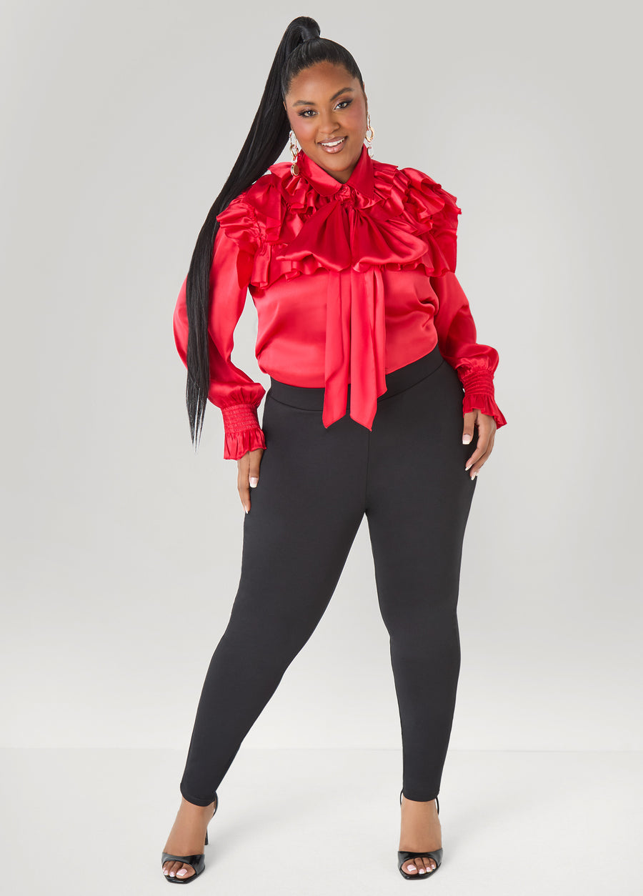 Plus Size Satin Shirt Red Holiday Festive Satin Ruffle Blouse	