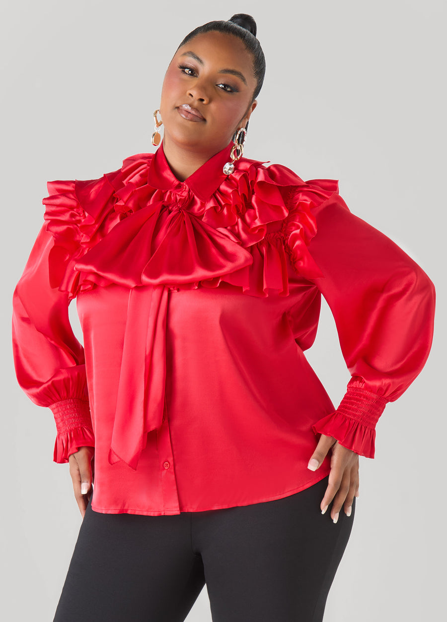 Plus Size Satin Shirt Red Holiday Festive Satin Ruffle Blouse	