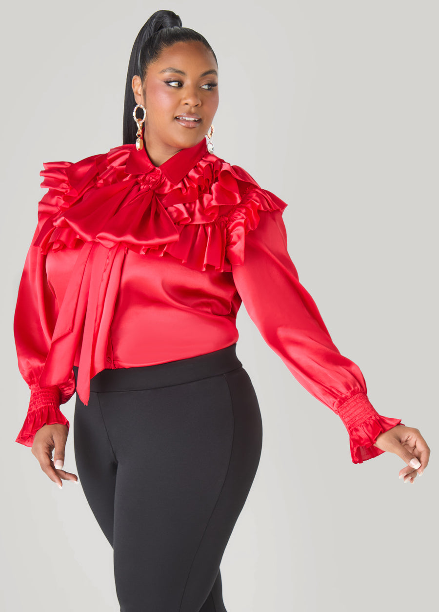 Plus Size Satin Shirt Red Holiday Festive Satin Ruffle Blouse	