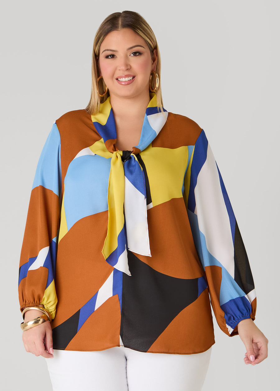 Plus Size Knotted Abstract Print Blouse