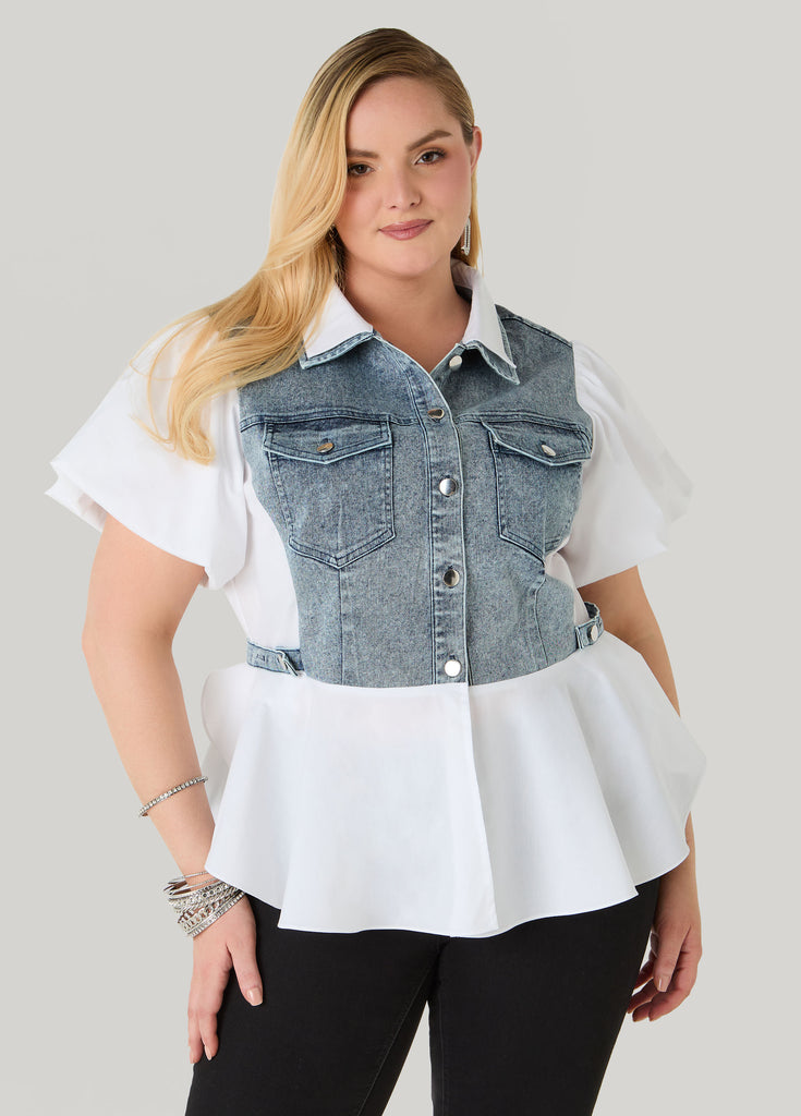Denim Paneled Peplum Shirt – Ashley Stewart