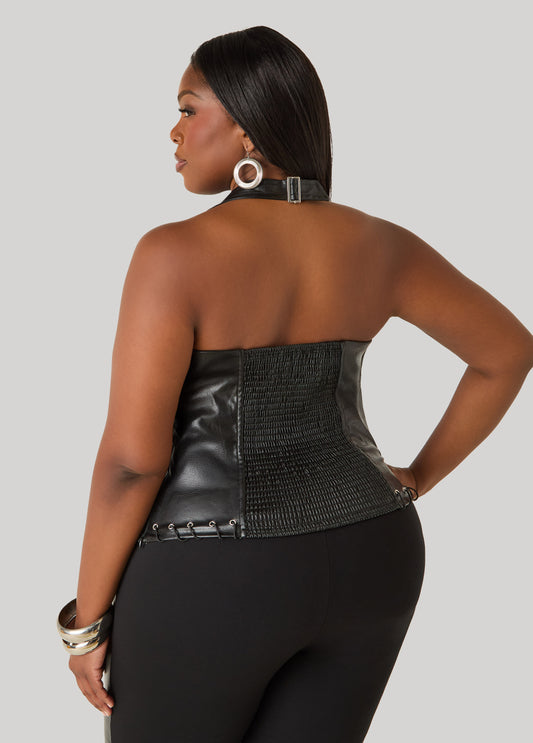 Lace Up Faux Leather Halter Top