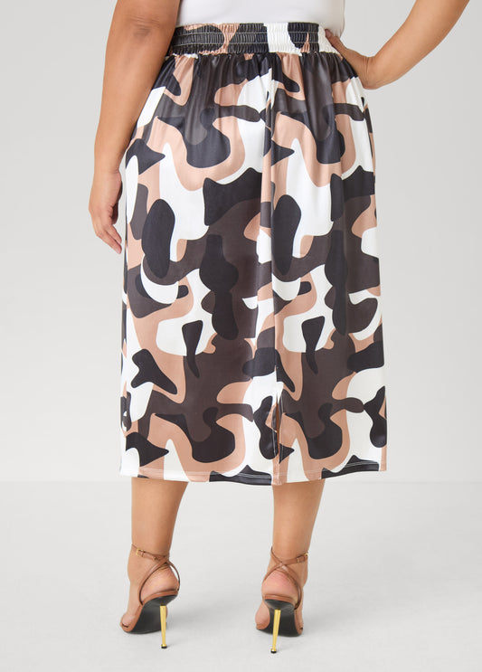 Camo Print Satin Cargo Skirt