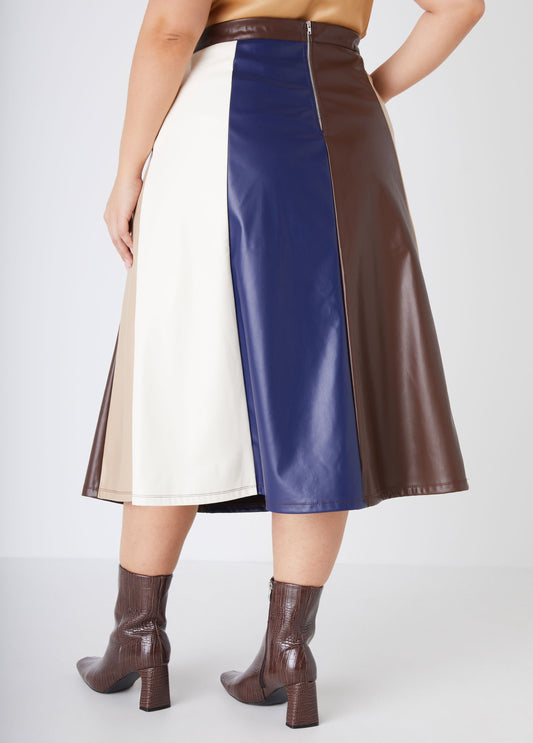 Colorblock Faux Leather Midi Skirt