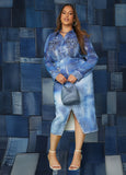 Front Split Denim Print Skirt