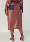 Denim Trimmed Faux Leather Skirt