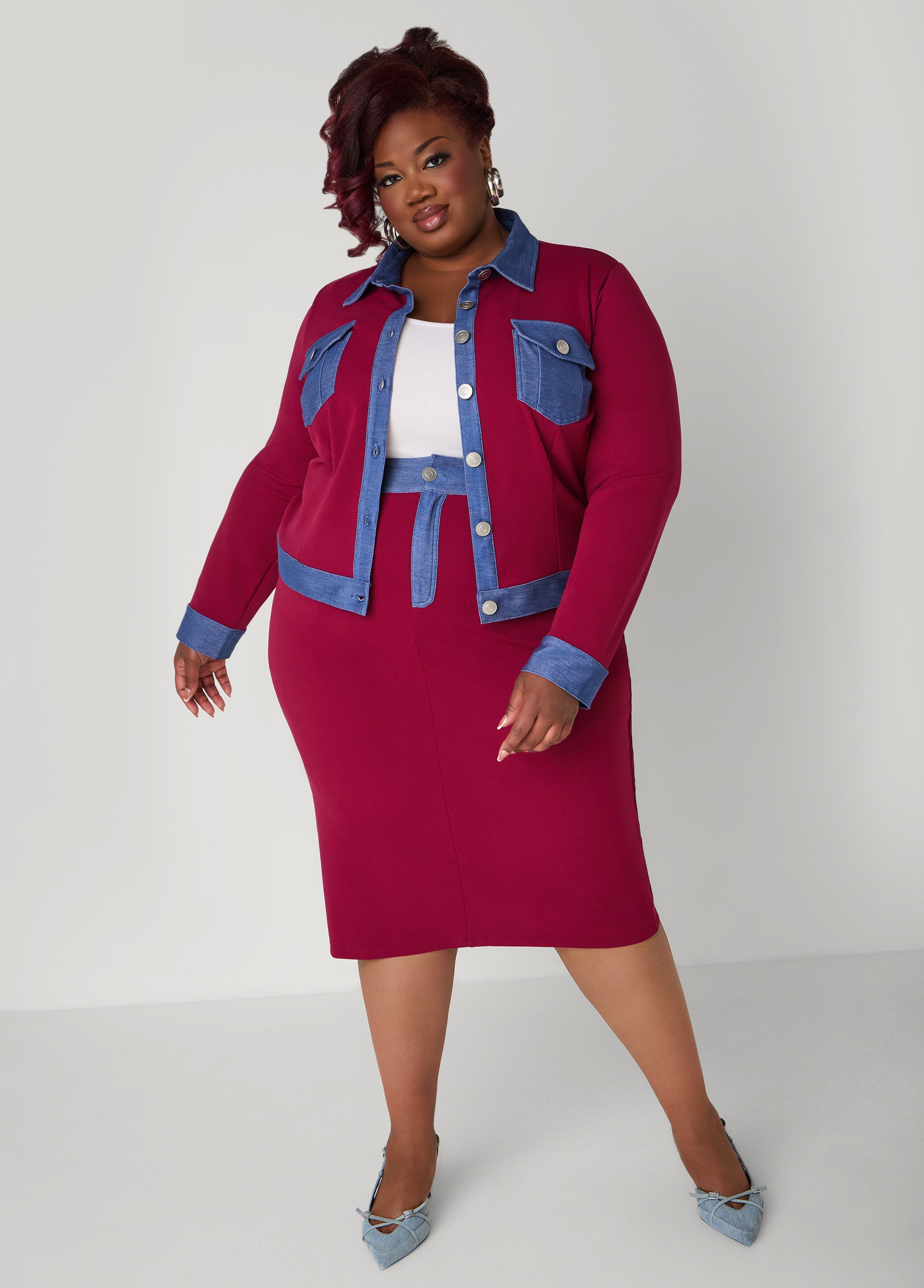 Denim Paneled Midi Skirt