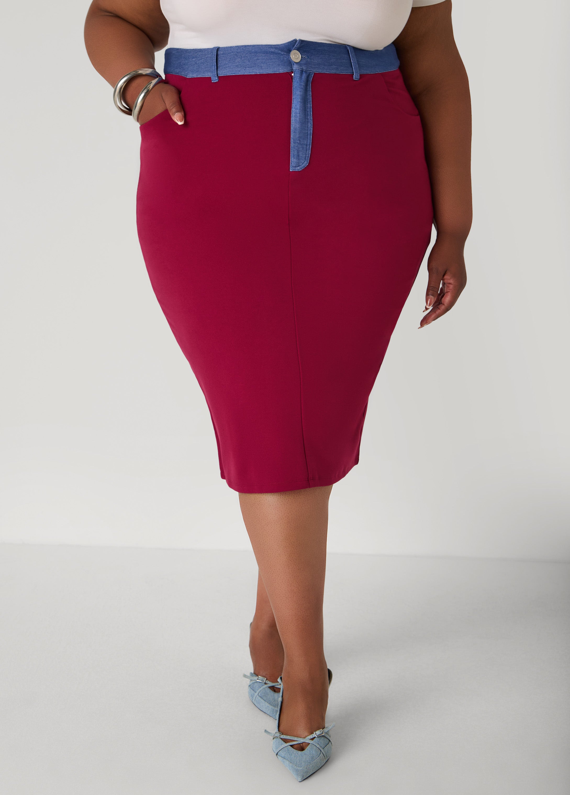 Plus Size Denim Paneled Midi Skirt