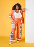 Plus Size Orange Floral Stamp Scuba Pants Two Piece Suit Matching Set