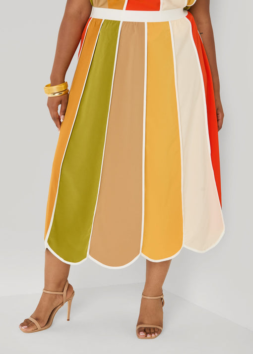 Matching Set Striped Paneled Midi Skirt
