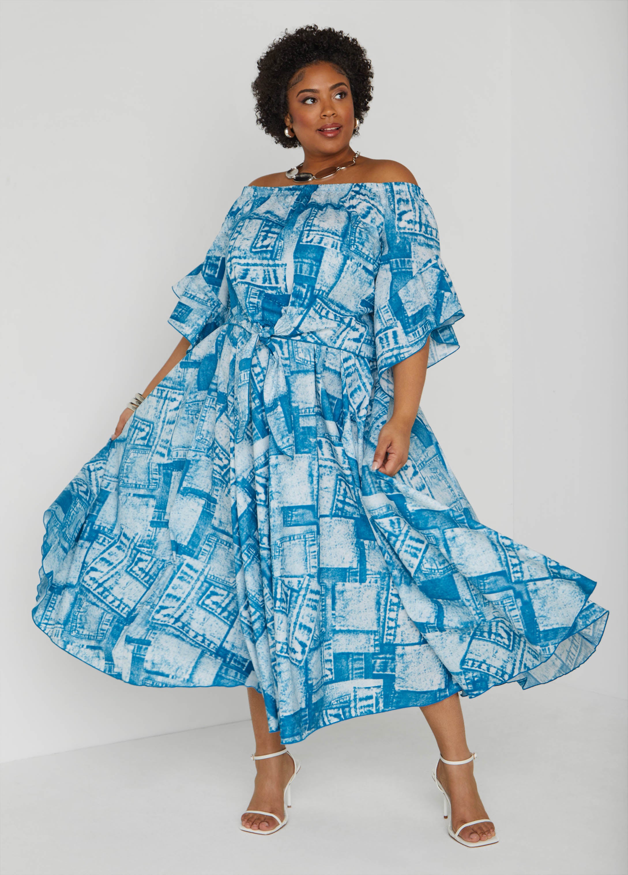 Plus Size Denim Print Maxi Skirt