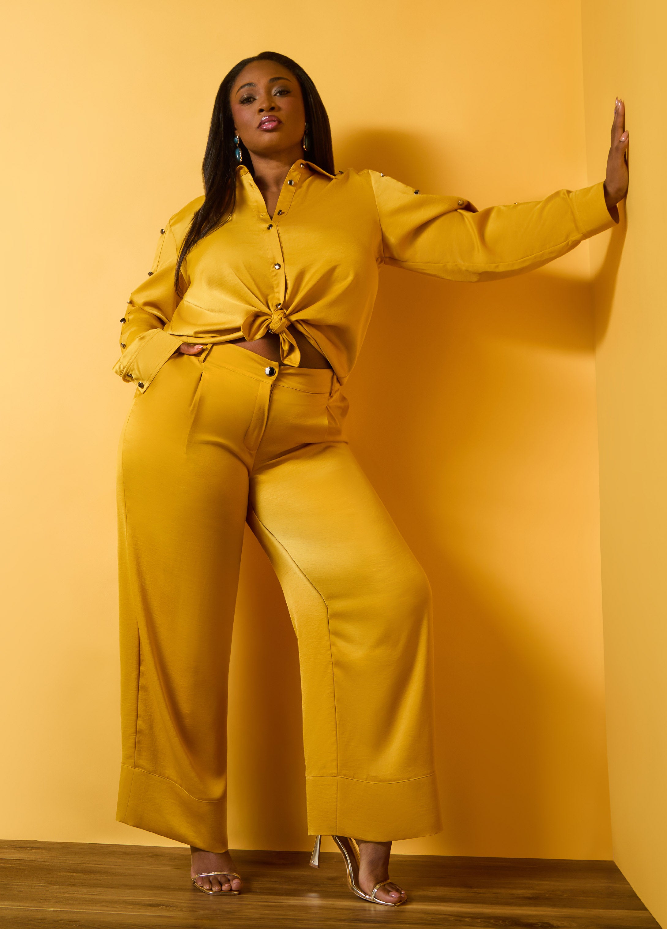 Plus Size Satin Wide Leg Pants Casual Chic Yellow Two Piece Set