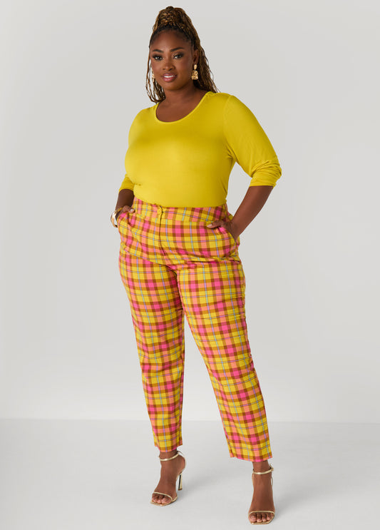 Mid Rise Plaid Tapered Trousers
