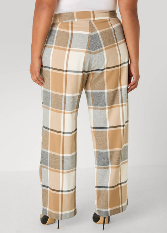 Pleated Plaid Straight Leg Pants